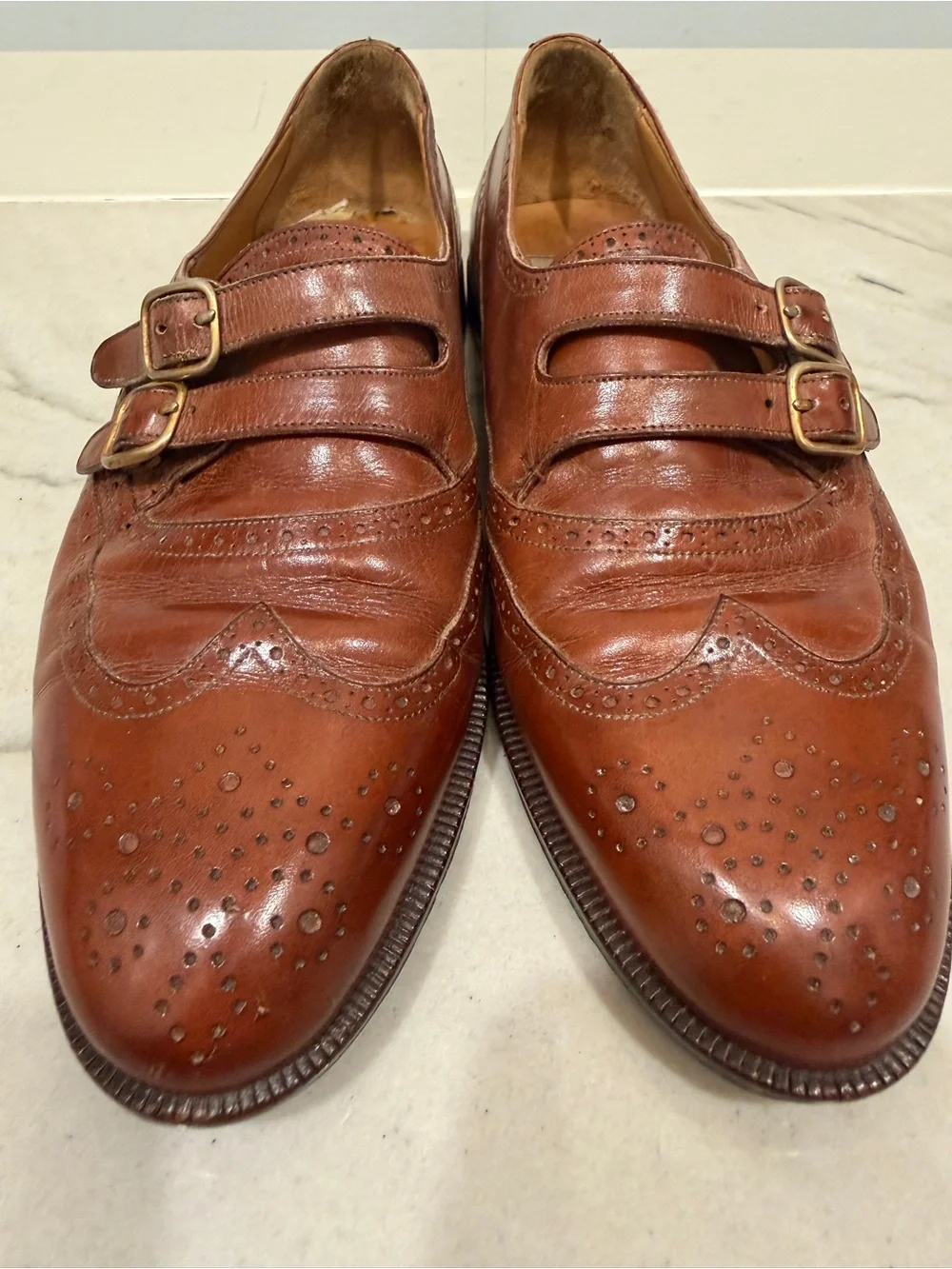 Mezlan Men's Brown Double Monk Wingtip Leather Shoes Geneva Made in Spain size 9